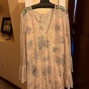Free People White Falling Flowers Bell Sleeve Sequin Mini Dress, Size L
